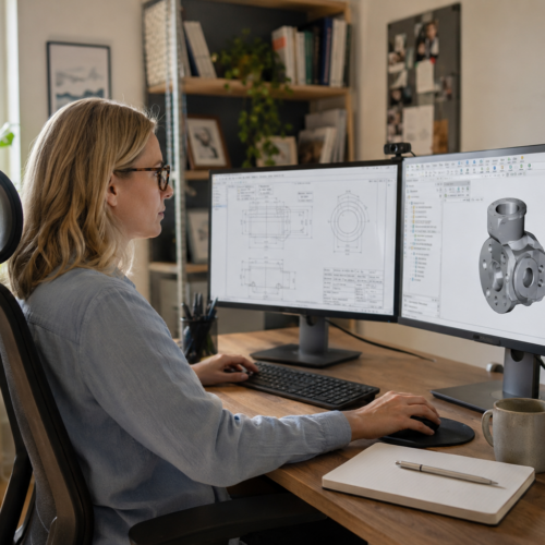 Frau arbeitet im Homeoffice an zwei Bildschirmen mit CAD-Zeichnungen und einem 3D-Modell eines Maschinenbauteils
