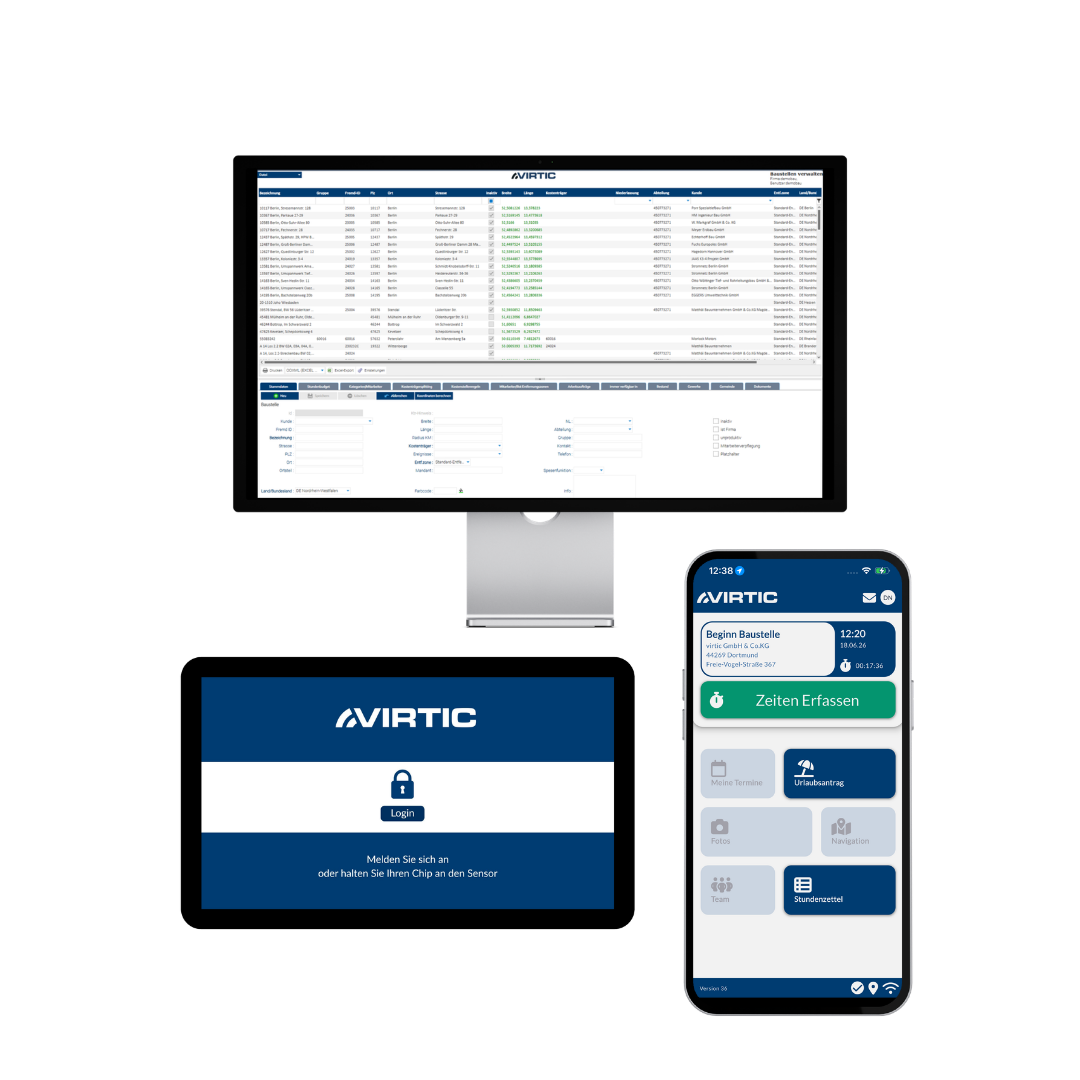 Mobile Zeiterfassung für Baustellen: virtic App auf Smartphone, Terminal und PC