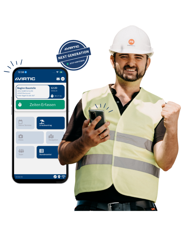 Bauarbeiter mit Schutzhelm und Warnweste nutzt die virtic App zur mobilen Zeiterfassung auf der Baustelle