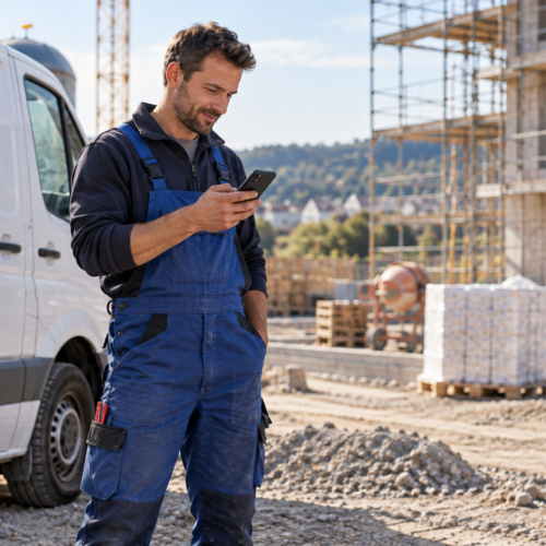Handwerker auf der Baustelle nutzt die virtic App zur mobilen Zeiterfassung